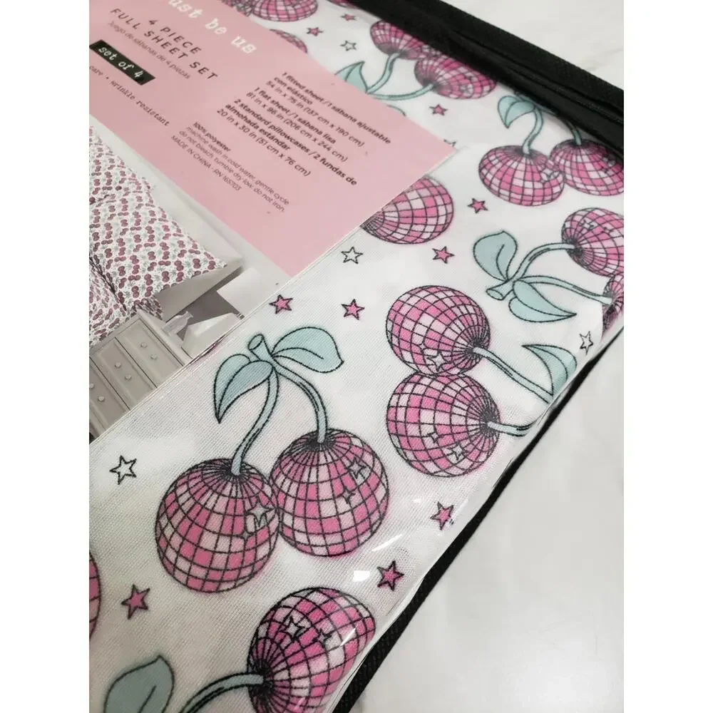 NEW Disco Ball CHERRY print bed sheets full size girl bedroom pink fruit‎ girly